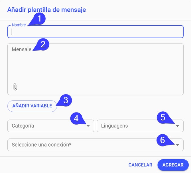 Como preencher categoria, nome, idioma e conexão do template no Whaticket
