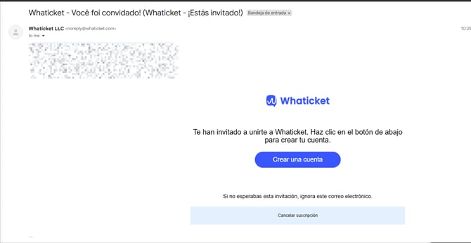 Correo de invitación con el enlace de activación enviado por Whaticket