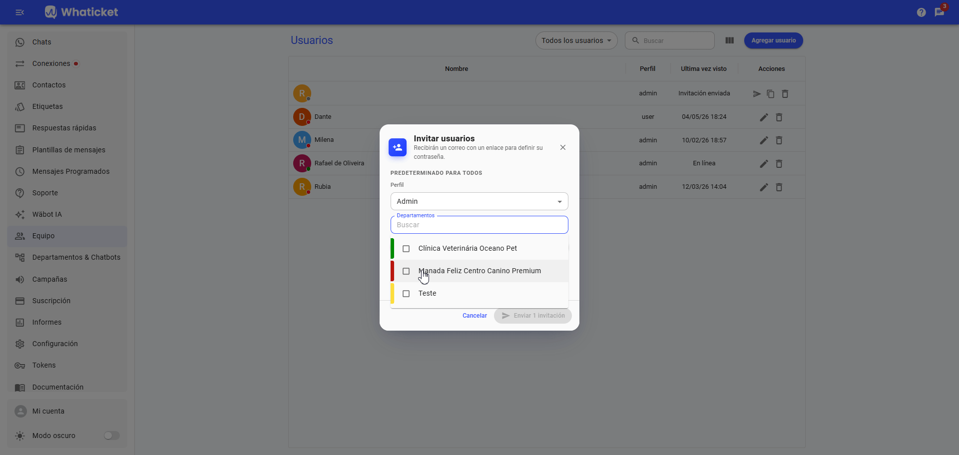 Cómo abrir la ventana Invitar usuarios en Equipo en Whaticket