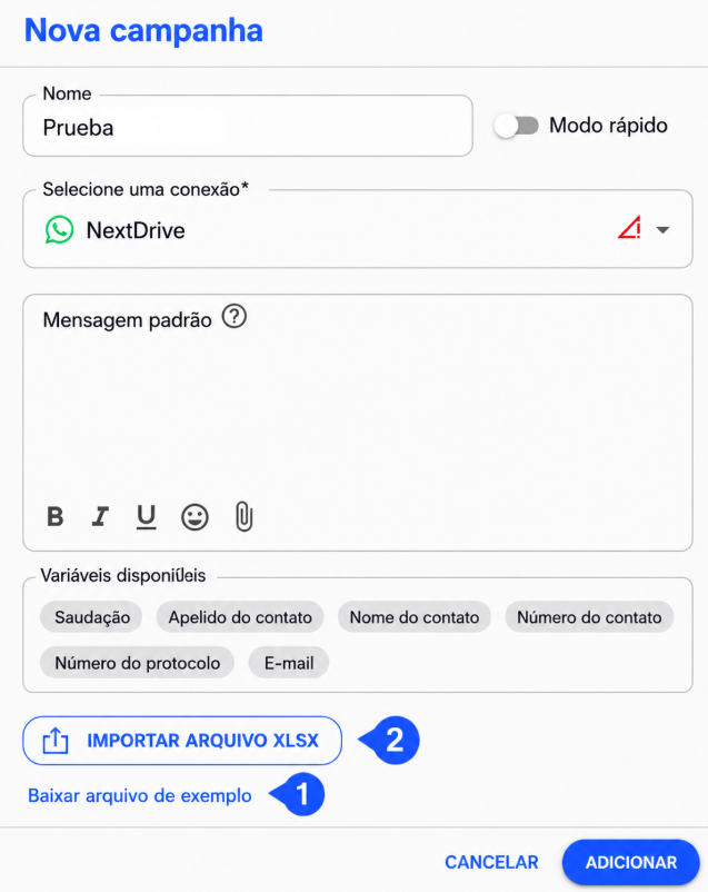 Opção Baixar o arquivo de exemplo na aba Destinatários