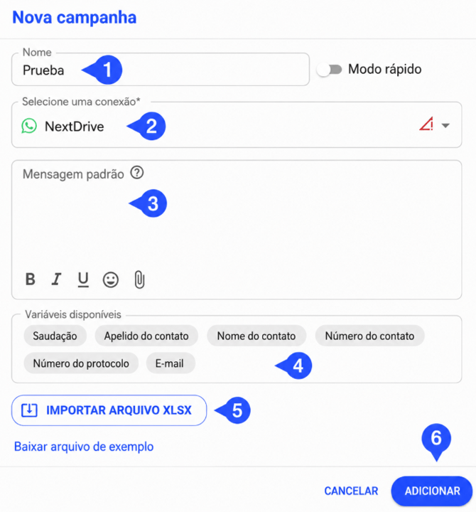 Aba Mensagem da nova campanha no Whaticket