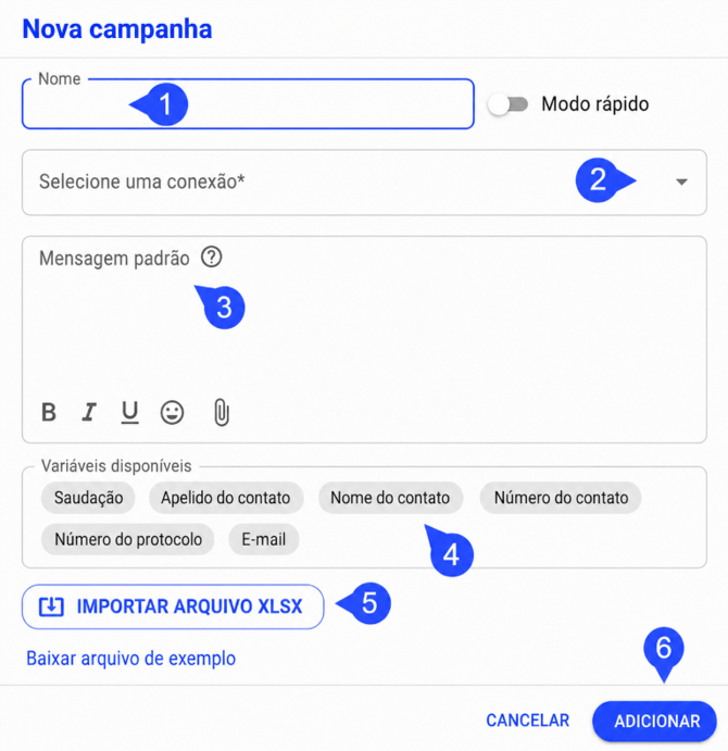 Importação da planilha de contatos na aba Destinatários da campanha no Whaticket
