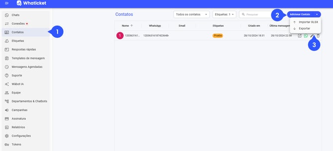 Opção Exportar no menu do botão Adicionar Contato no Whaticket