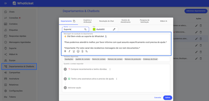Como criar um departamento com mensagem de saudação no Whaticket