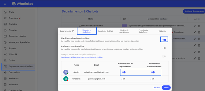 Como vincular atendentes ao departamento na seção Equipe e atribuição no Whaticket