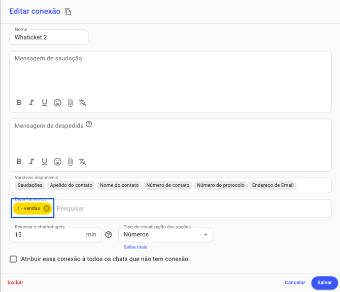 Como selecionar o departamento da segunda conexão no Whaticket