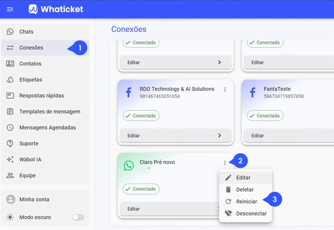 Opção Reiniciar no menu de ações da conexão no Whaticket