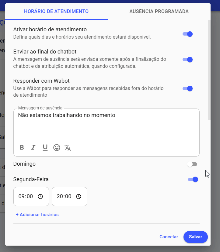 Como criar uma ausência programada para um feriado no Whaticket
