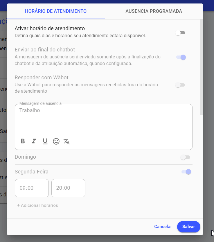 Como definir os dias e horários de atendimento no Whaticket