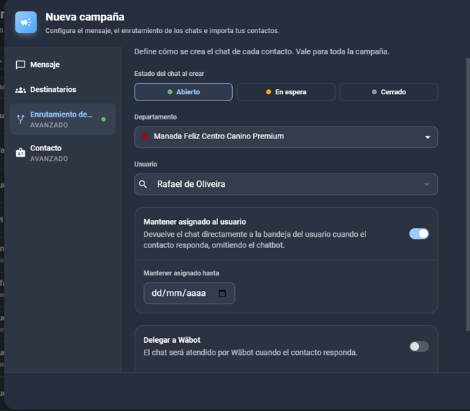 Pestaña Enrutamiento del chat de la campaña con departamento y usuario