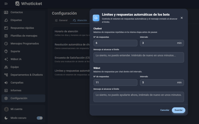 Cómo abrir los límites y respuestas automáticas de los bots en Configuración en Whaticket