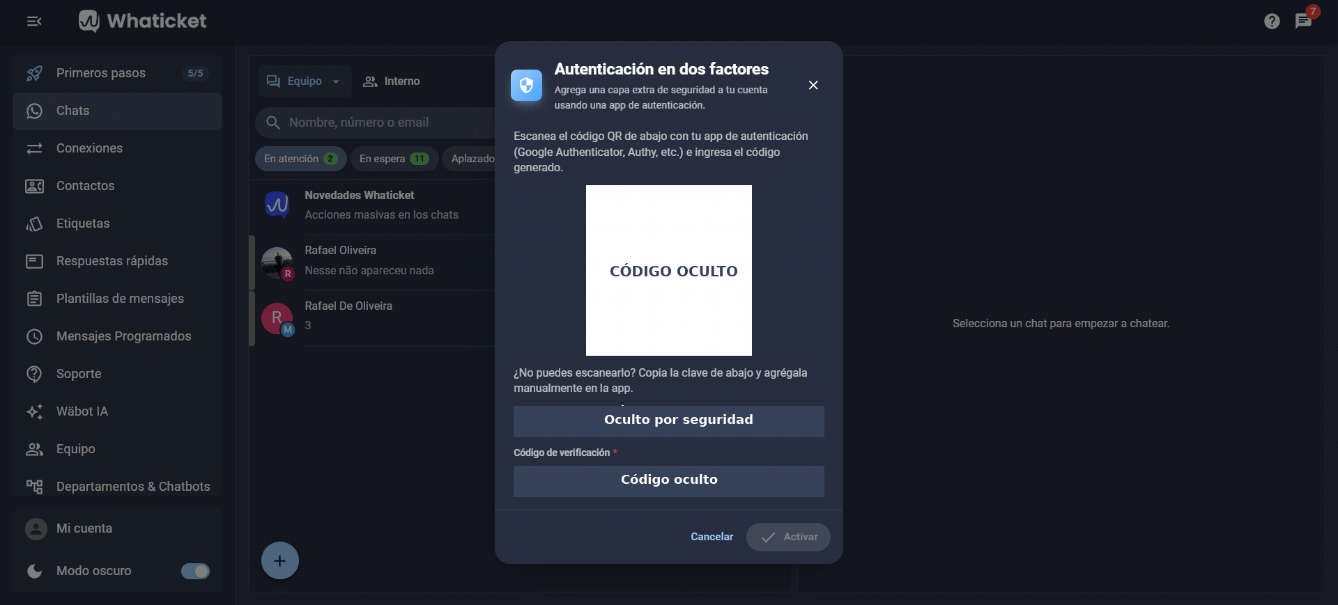Cómo abrir la autenticación en dos factores desde el menú del usuario en Whaticket