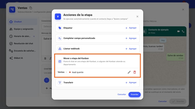 O campo Etapa aberto, com as etapas agrupadas por quadro e a cor de cada etapa